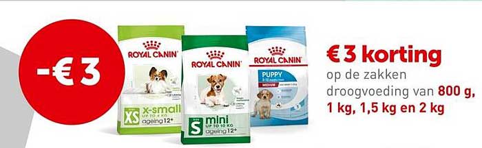 € 3 korting op de zakken droogvoeding van 800 g, 1 kg, 1,5 kg en 2 kg