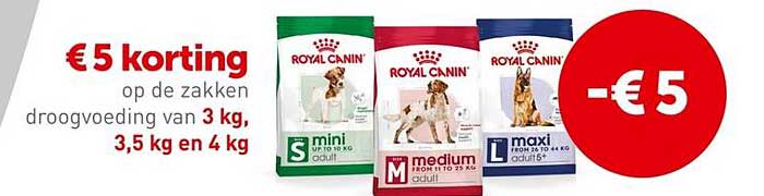 € 5 korting op de zakken droogvoeding van 3 kg, 3,5 kg en 4 kg