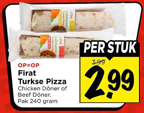 Firat Turkse Pizza Chicken Döner of Beef Döner. Pak 240 gram PER STUK