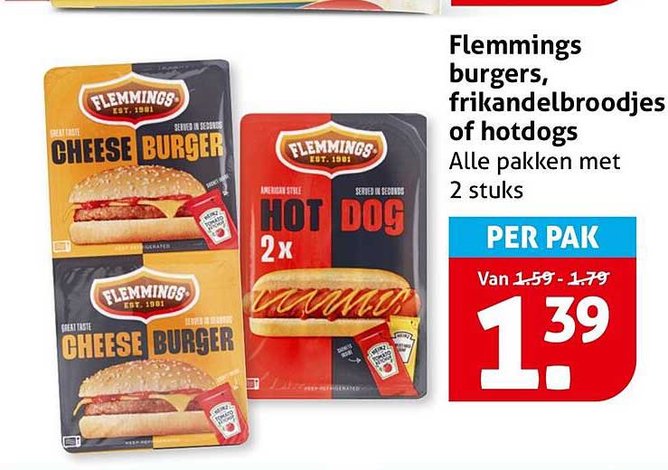 Flemmings burgers, frikandelbroodjes of hotdogs Alle pakken met 2 stuks PER PAK