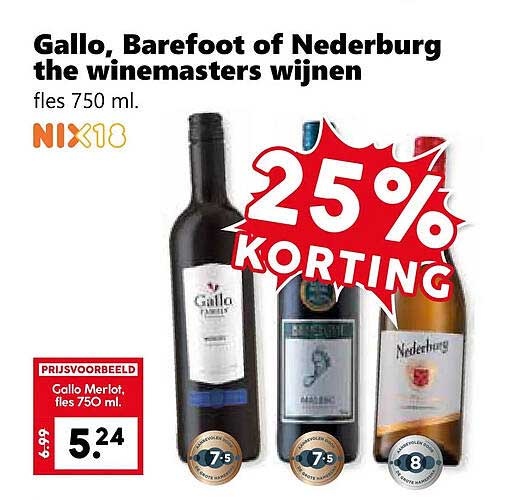 Gallo, Barefoot of Nederburg the winemasters wijnen fles 750 ml. 25% KORTING
