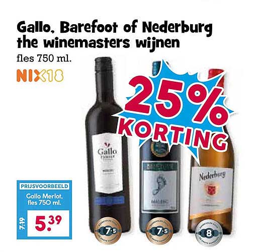 Gallo, Barefoot of Nederburg the winemasters wijnen fles 750 ml. 25% korting