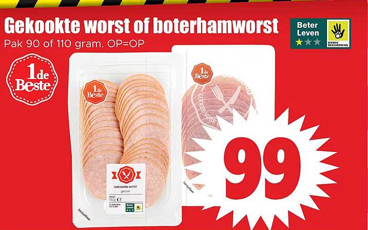 Gekookte worst of boterhamworst Pak 90 of 110 gram. OP=OP