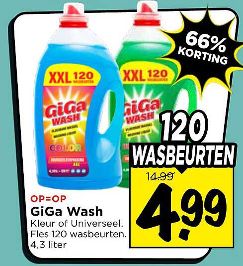GiGa Wash Kleur of Universeel. Fles 120 wasbeurten. 4,3 liter 66% KORTING