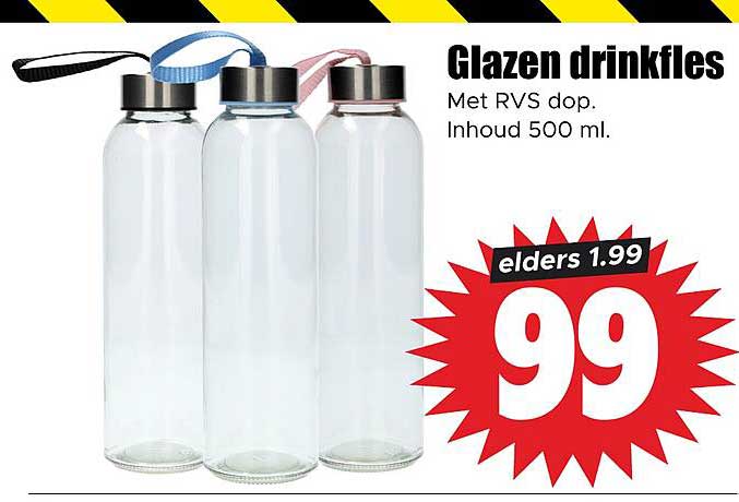Glazen drinkfles Met RVS dop. Inhoud 500 ml.