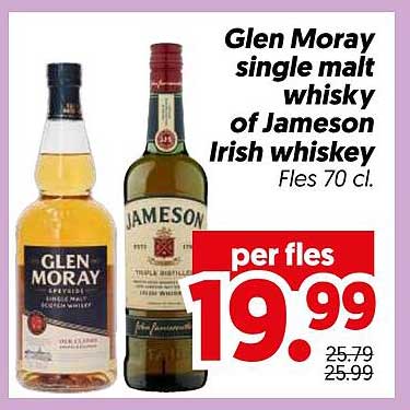 Glen Moray single malt whisky of Jameson Irish whiskey Fles 70 cl. per fles