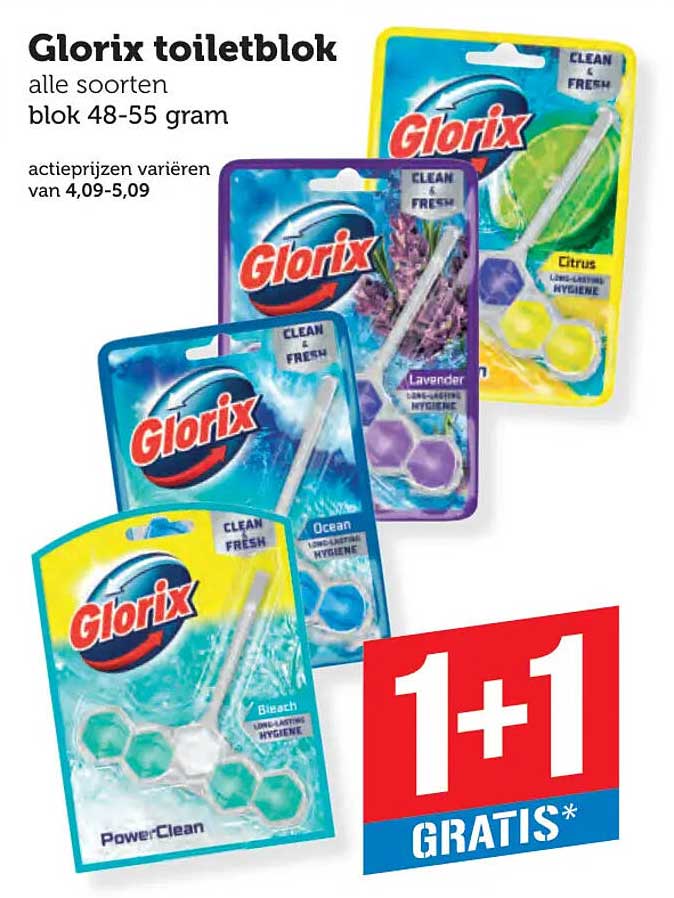 Glorix toiletblok alle soorten blok 48-55 gram 1+1 GRATIS*