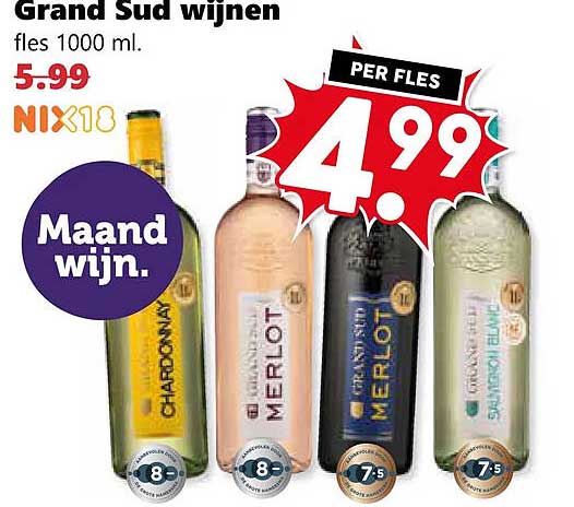 Grand Sud wijnen fles 1000 ml. PER FLES