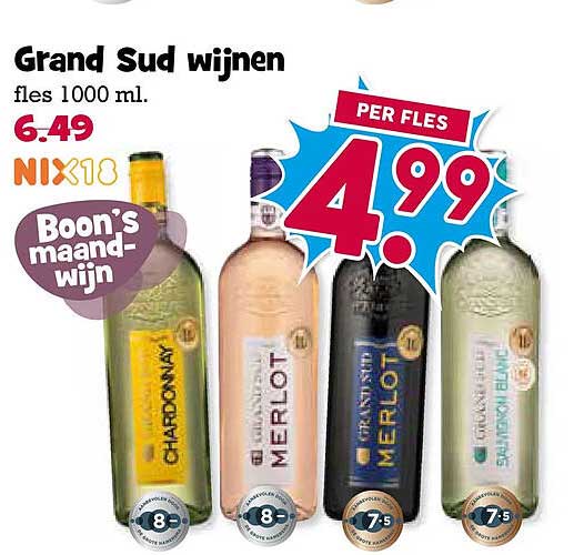 Grand Sud wijnen fles 1000 ml. PER FLES