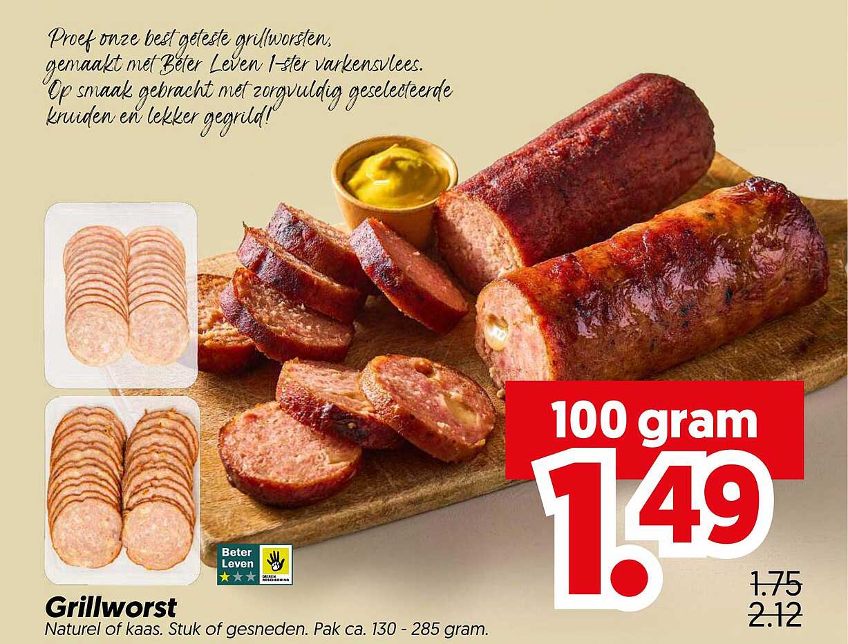 Grillworst Naturel of kaas. Stuk of gesneden. Pak ca. 130 - 285 gram. 100 gram 1.49