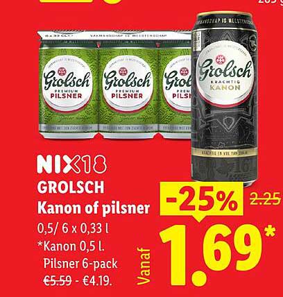 Grolsch Kanon of pilsner 0,5 / 6 x 0,33 l -25%