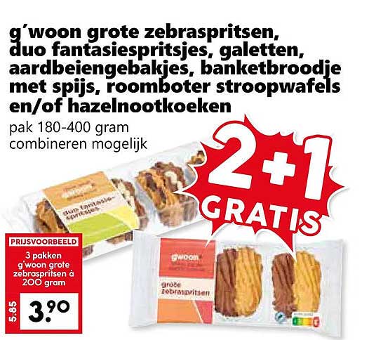 g'woon grote zebraspritsen, duo fantasiespritsjes, galetten, aardbeiengebakjes, banketbroodje met spijs, roomboter stroopwafels en/of hazelnootkoeken 2+1 GRATIS