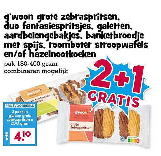 g'woon grote zebraspritsen, duo fantasiespritsjes, galetten, aardbeiengebakjes, banketbroodje met spijs, roomboter stroopwafels en/of hazelnootkoeken 2+1 GRATIS