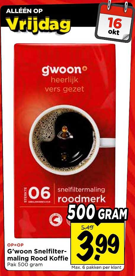 G'woon Snelfiltermaling Rood Koffie Pak 500 gram
