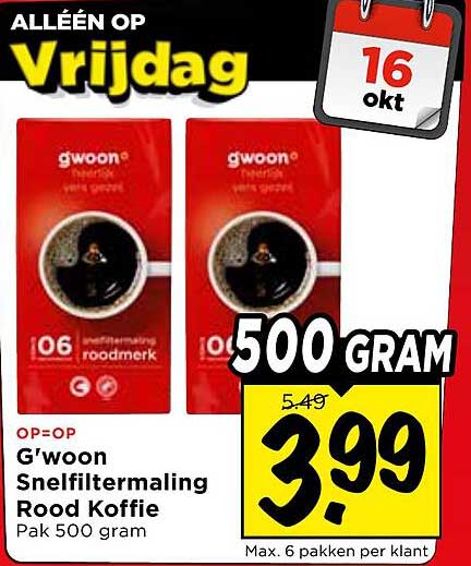G'woon Snelfiltermaling Rood Koffie Pak 500 gram