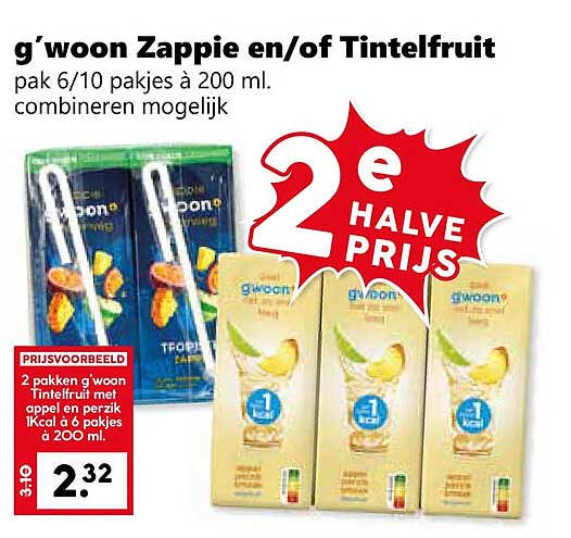 g'woon Zappie en/of Tintelfruit pak 6/10 pakjes à 200 ml. combineren mogelijk 2e halve prijs