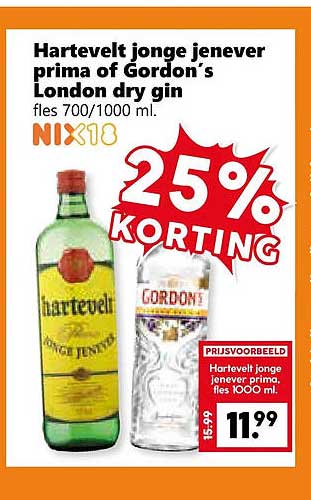 Hartevelt jonge jenever prima of Gordon’s London dry gin fles 700/1000 ml. 25% korting