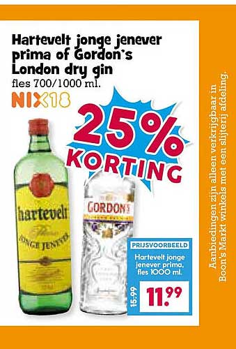 Hartevelt jonge jenever prima of Gordon's London dry gin fles 700/1000 ml. NIX18 25% KORTING