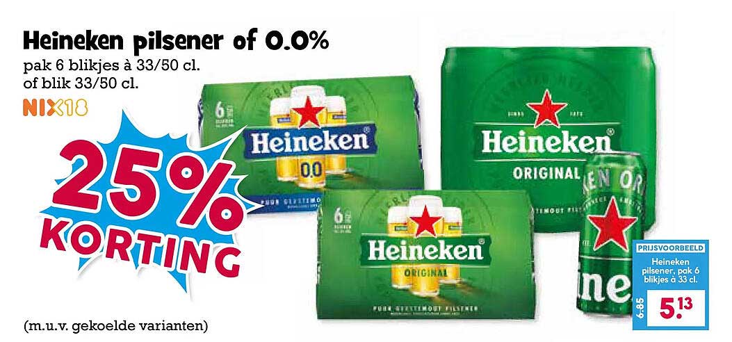 Heineken pilsener of 0.0% pak 6 blikjes à 33/50 cl. of blik 33/50 cl. 25% KORTING