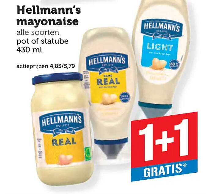Hellmann’s mayonaise alle soorten, pot of statube 430 ml 1+1 gratis