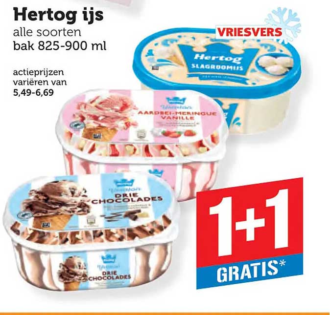 Hertog ijs alle soorten bak 825-900 ml 1+1 GRATIS*