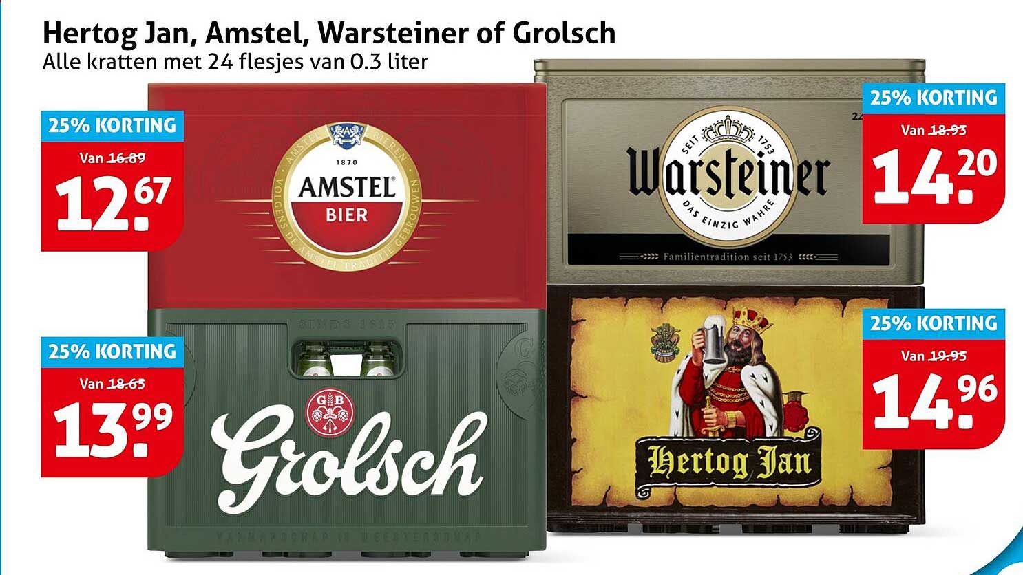 Hertog Jan, Amstel, Warsteiner of Grolsch Alle kratten met 24 flesjes van 0.3 liter