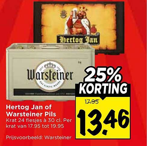 Hertog Jan of Warsteiner Pils Krat 24 flesjes à 30 cl. Per krat van 17.95 tot 19.95 25% KORTING