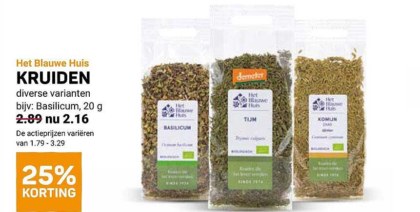 Het Blauwe Huis KRUIDEN diverse varianten bijv: Basilicum, 20 g 25% KORTING