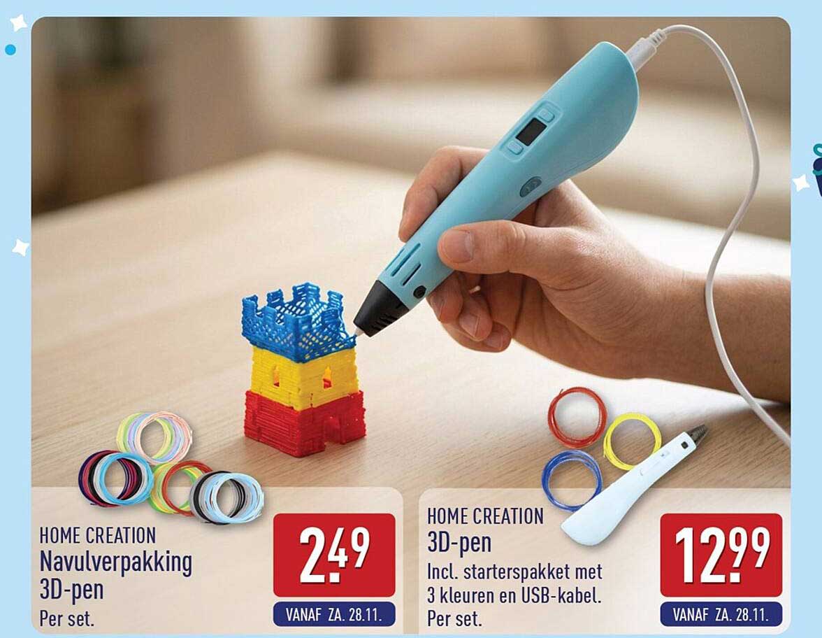 HOME CREATION 3D-pen Incl. starterspakket met 3 kleuren en USB-kabel. Per set.