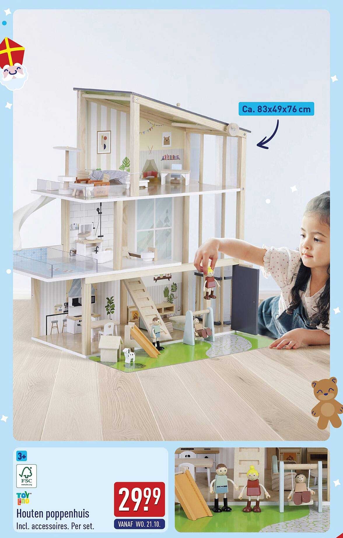 Houten poppenhuis Incl. accessoires. Per set.