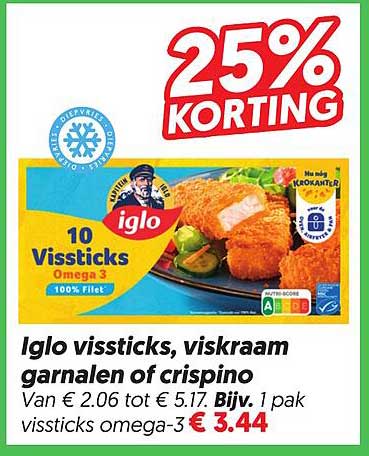 Iglo vissticks, viskraam garnalen of crispino 25% Korting