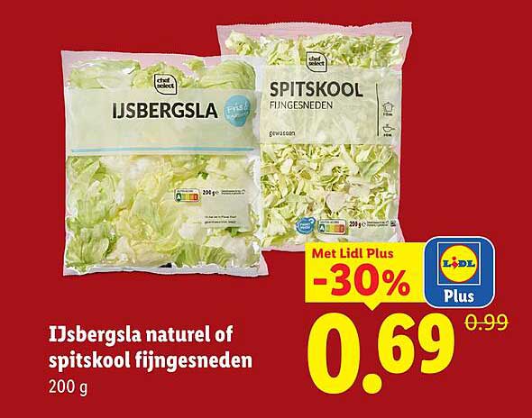 IJsbergsla naturel of spitskool fijngesneden 200 g -30%