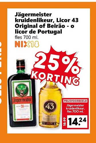 Jägermeister kruidenlikeur, Licor 43 Original of Beirão - o licor de Portugal fles 700 ml. NIX18 25% KORTING