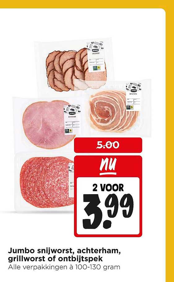 Jumbo snijworst, achterham, grillworst of ontbijtspek 2 voor 3.99