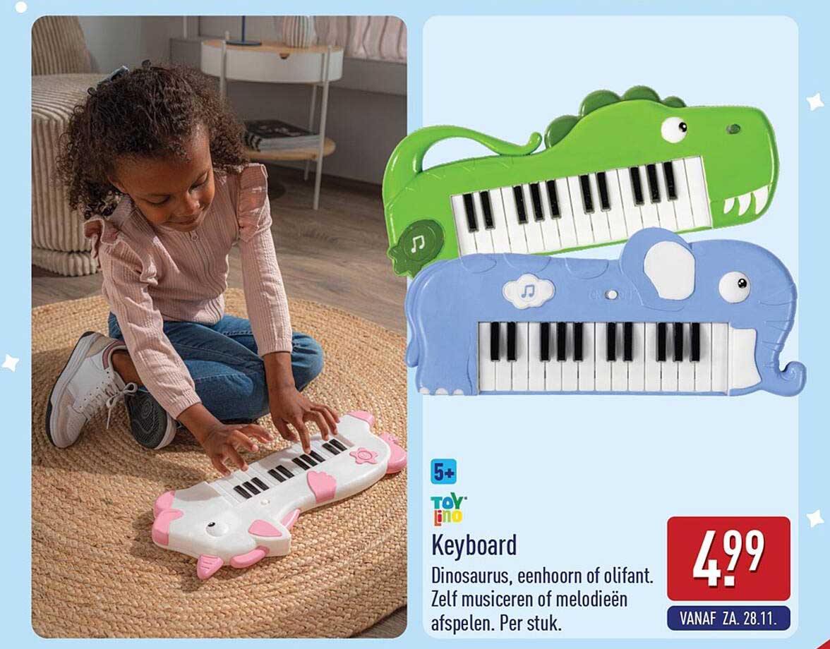 Keyboard Dinosaurus, eenhoorn of olifant. Zelf musiceren of melodieën afspelen. Per stuk.