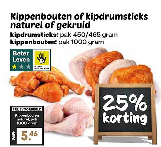 Kippenbouten of kipdrumsticks naturel of gekruid 25% korting