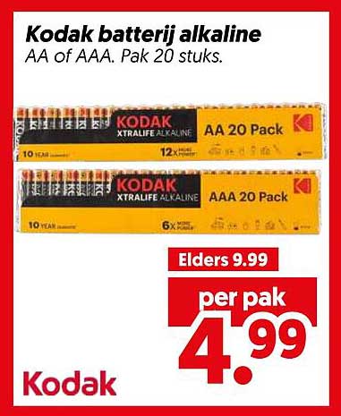 Kodak batterij alkaline AA of AAA. Pak 20 stuks.