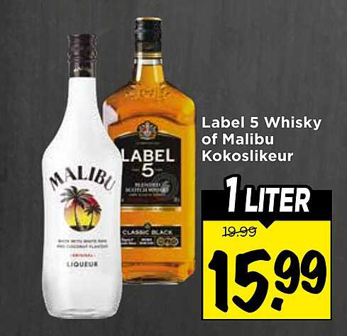 Label 5 Whisky of Malibu Kokoslikeur 1 liter