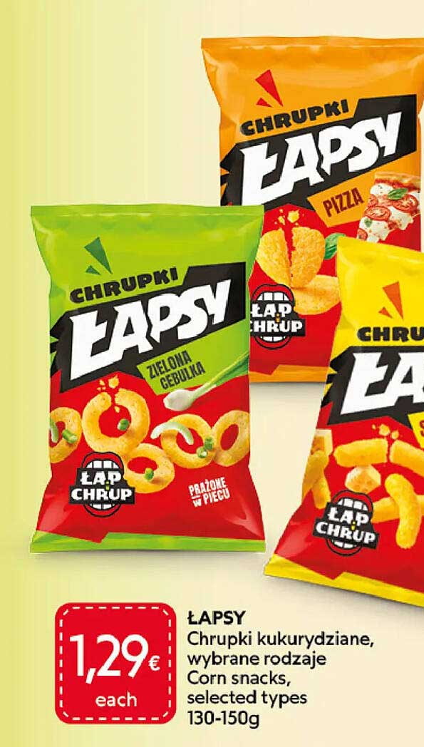 LAPSY Chrupki kukurydziane, wybrane rodzaje Corn snacks, selected types 130-150g