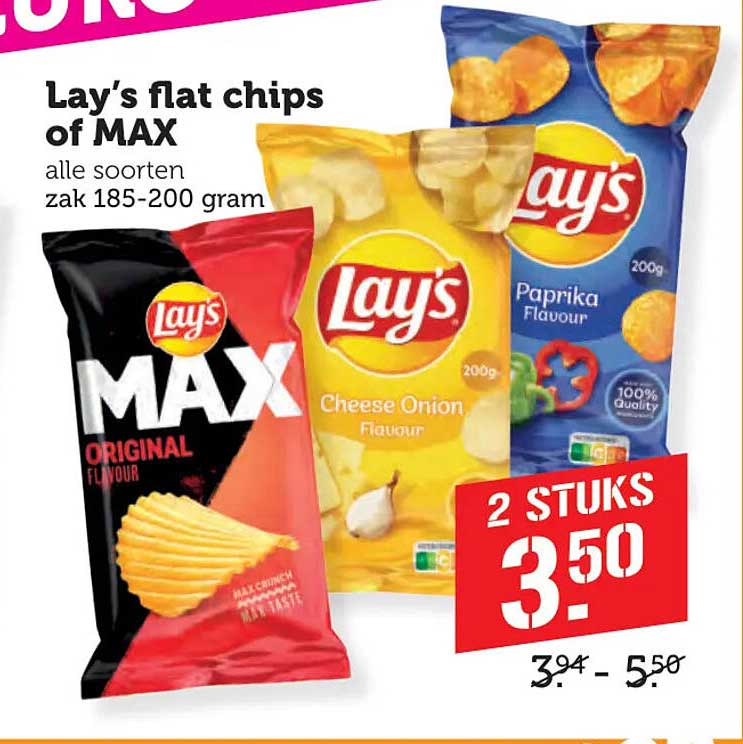 Lay’s flat chips of MAX alle soorten zak 185-200 gram 2 STUKS