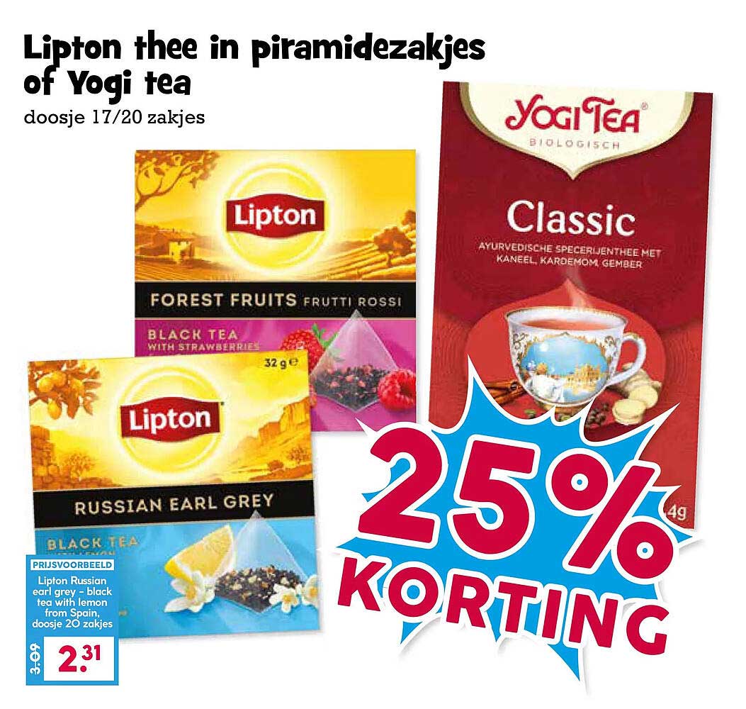 Lipton thee in piramidezakjes of Yogi tea 25% KORTING