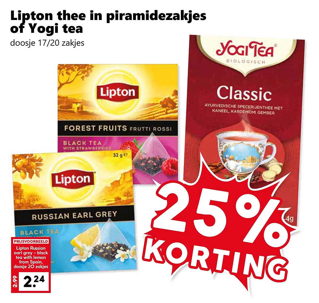 Lipton thee in piramidezakjes of Yogi tea 25% korting