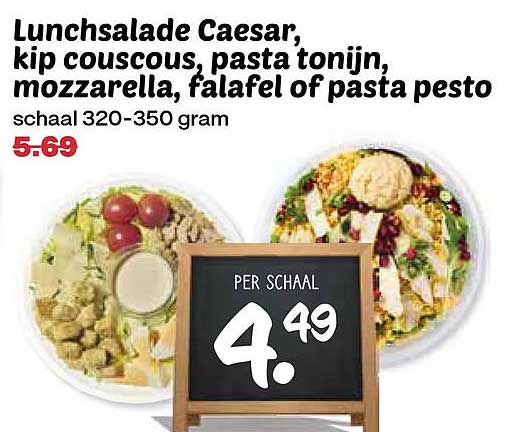 Lunchsalade Caesar, kip couscous, pasta tonijn, mozzarella, falafel of pasta pesto