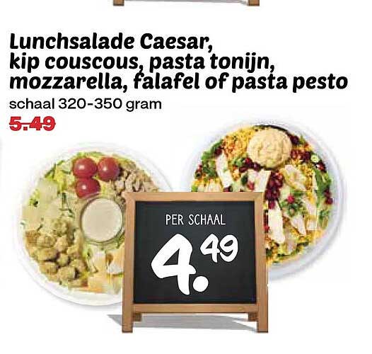 Lunchsalade Caesar, kip couscous, pasta tonijn, mozzarella, falafel of pasta pesto