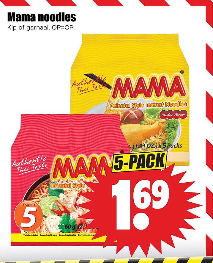 Mama noodles Kip of garnaal. OP=OP