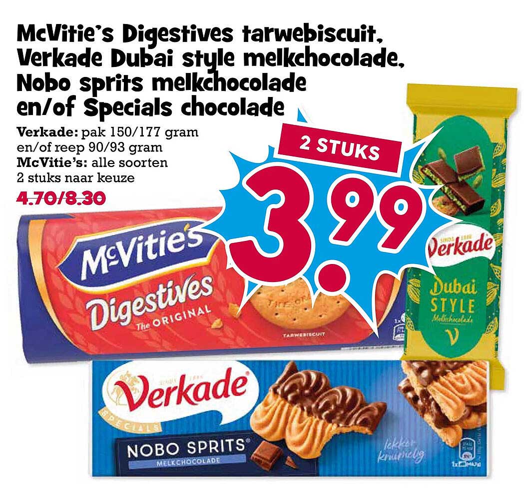 McVitie’s Digestives tarwebiscuit, Verkade Dubai style melkchocolade, Nobo sprits melkchocolade en/of Specials chocolade 2 STUKS