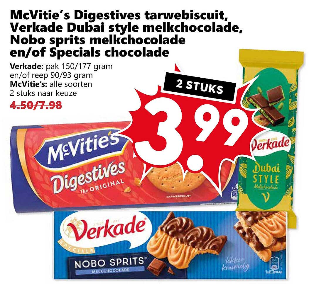 McVitie’s Digestives tarwebiscuit, Verkade Dubai style melkchocolade, Nobo sprits melkchocolade en/of Specials chocolade 2 stuks
