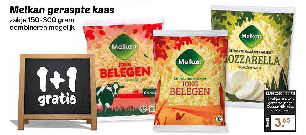 Melkan geraspte kaas 1+1 gratis