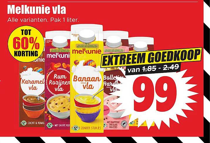 Melkunie vla Alle varianten. Pak 1 liter. EXTREEM GOEDKOOP van 1.85 - 2.49