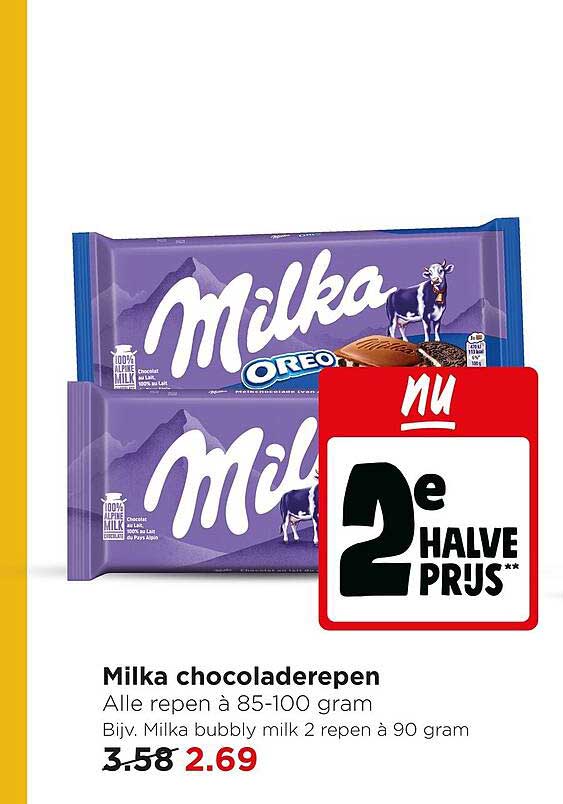 Milka chocoladerepen, Alle repen à 85-100 gram Bijv. Milka bubbly milk 2 repen à 90 gram 2e halve prijs